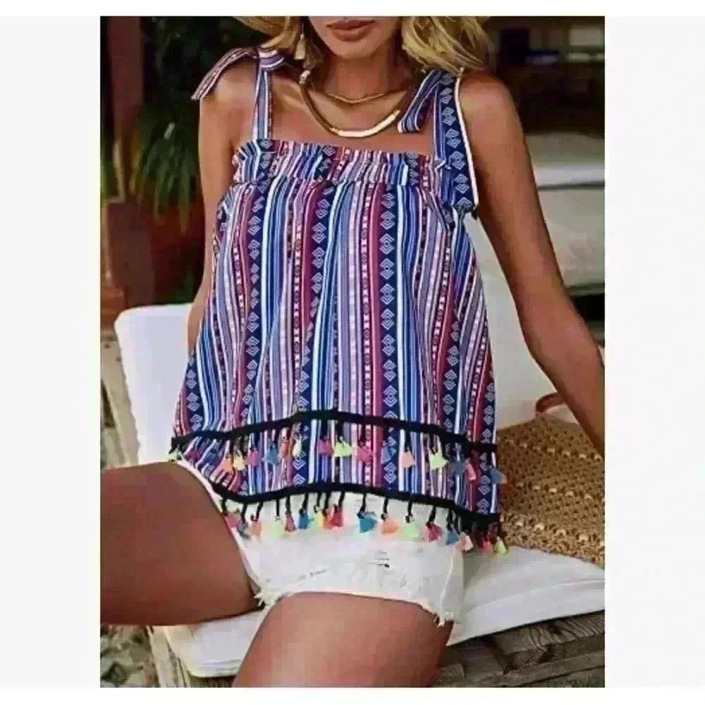 Shein Striped Print Fringe Trim Tie Shoulder Wide Strap Top Multicolor Size S